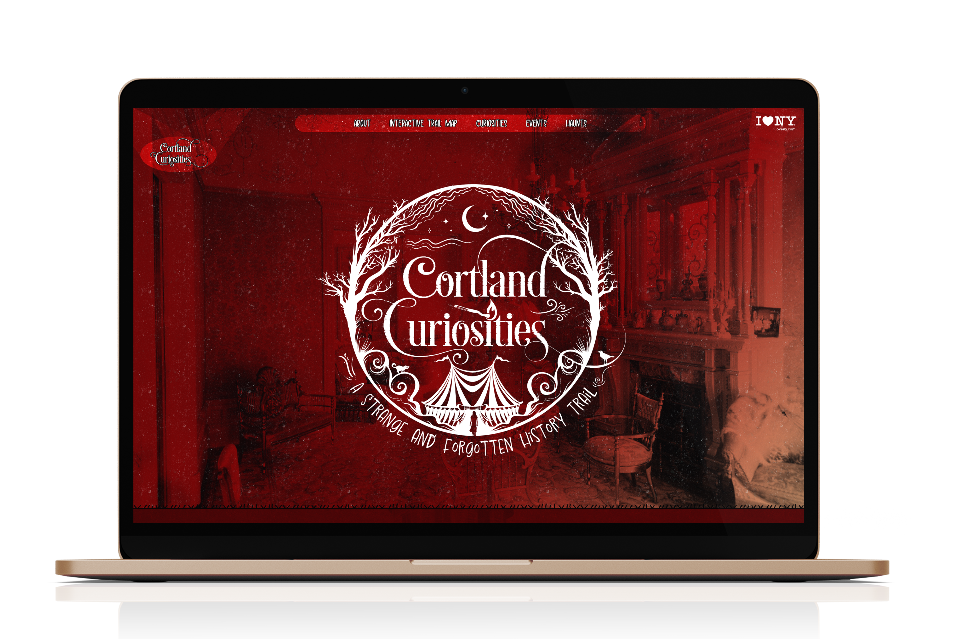 Red and black Cortland Curiosities website with illustrated lettering